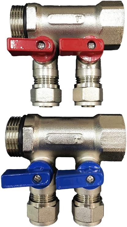 2 Loops Plumbing Manifolds w/ 1" trunk & 1/2" Pex Ball Valves, Red and Blue Handles