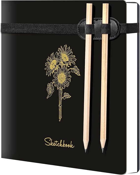 Hardcover Sketchbook for Drawing with 2 Pencils,160 Page Sketch Book,Black