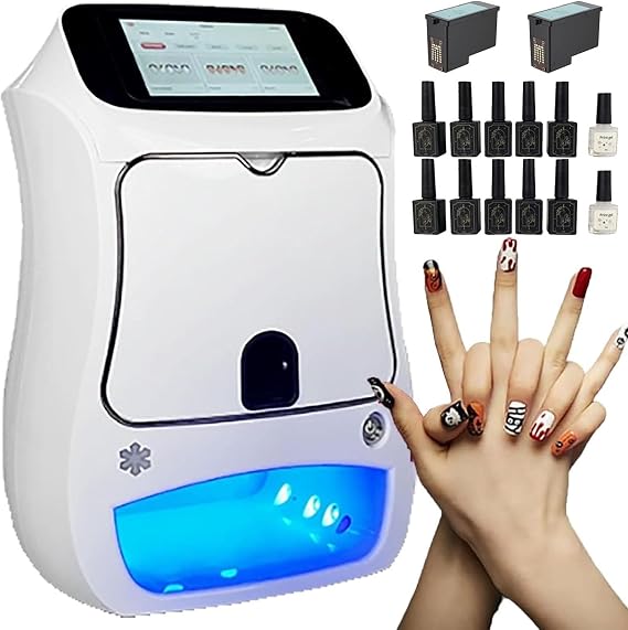 3d Automatic Smart Nail Machine Nail Printer,Digital Fingernail Printer Machine,10s Painting Mobile Nail Art Printer W/Touch Screen(10 Nailpolish Gel+2 Painting Glue+2 Ink Cartridge