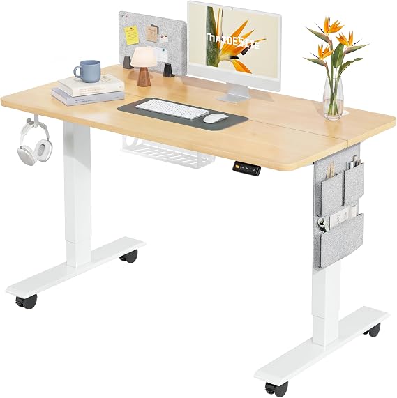 MAIDeSITe Electric Height Adjustable Standing Desk, 120 x 60 cm Sit Stand Desk with Cable Tray, Hook and Storage Pocketse, Stand Up Desk with Memory Controller for Home Office