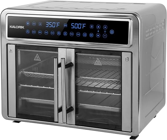 Kalorik Air Fryer Oven MAXX Series 26-Quart Flex Trio with Digital Controls Dual Zone Easy-View Door and 14 Cooking Presets, Converts into Dual 13 Quart Air Fryers, 1700-Watts, Stainless Steel
