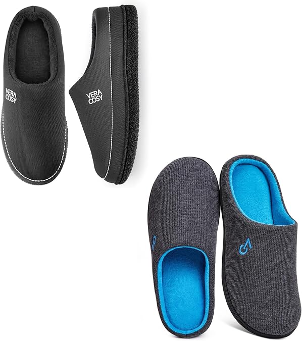 VeraCosy Men's Set of 2 Pairs - Two-Tone House Slippers (Size 13-14, Dark Grey) - Cozy Knit Slipper for Indoor Outdoor (Size 7-8, Grey)