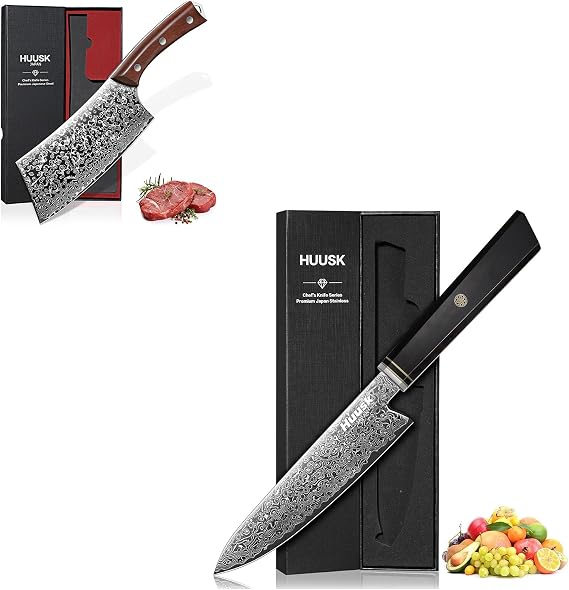 Huusk Damascus Utility Knife Bundle with Meat Cleaver Knife