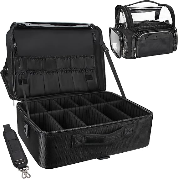 Relavel Extra Large Makeup Case and Makeup Brush Holder Bag, Professional Makeup Organizer, Large Capacity with Adjustable Dividers and Shoulder Strap (Black)