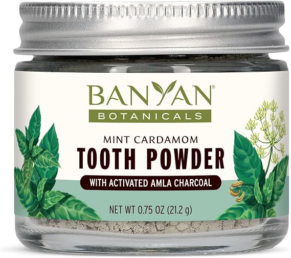 Banyan Botanicals Mint Cardamom Tooth Powder Ayurvedic Fluoride-Free Toothpaste Alternative with Miswak & Activated Charcoal (from Amla) 0.75oz, 80+ Uses Non GMO Sustainably Sourced Vegan