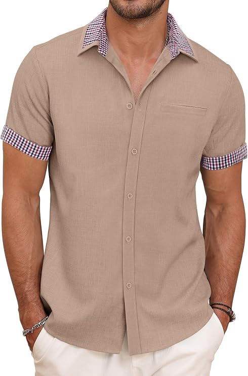 Button Down Dress Shirt for Men Khaki Short Sleeve Casual Shirts Khaki Plaid Collar Summer Beach Shirts