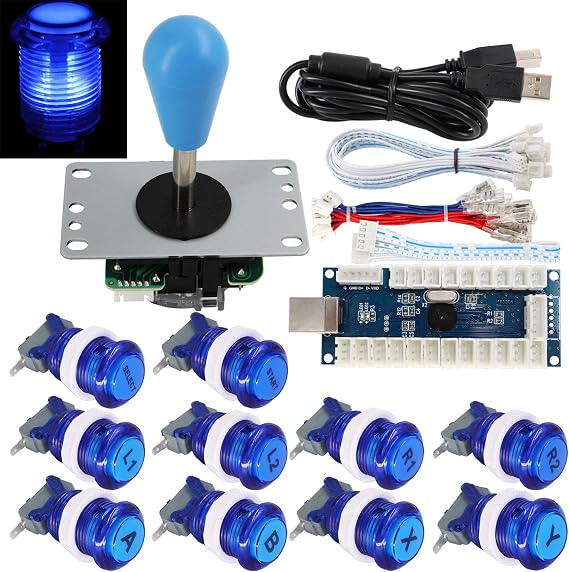 Arcade Game Stick DIY Kit Buttons with Logo LED 8 Way Joystick USB Encoder Cable Controller for PC MAME Raspberry Pi Blue