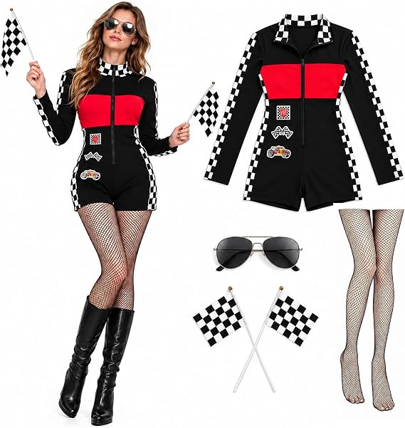 5PCS Halloween Race Car Costume for Women, Racing Jumpsuit Outfit