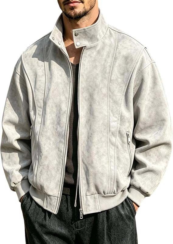 Men's Suede Look Bomber Jacket Stand Collar Zip Pocket Winter Coat
