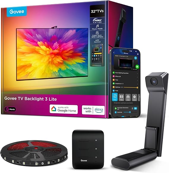 Govee TV Backlight 3 Lite 1.8m with Camera for 32 Inch TV | RGBWIC TV LED Strip, Fish-Eye Correction, 4-in-1 Lamp Bead, Voice&APP Control, Adapter Included