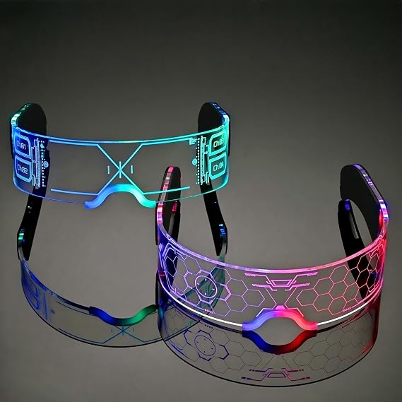 Oybete 2 Pairs Light Up Glasses For Party LED Glasses For Adults Kids Futuristic Sunglasses Cosplay Costume Glow In Dark Accessories (Concise style)