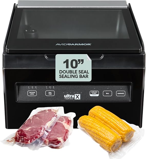 Avid Armor Chamber Vacuum Sealer Machine USVX Ultra Series 10" Seal Bar for Liquid-Rich Wet Foods, Cooking Sous Vide, Infusions. Compact Size Vacuum Chamber Sealer Black Color Great for the Countertop