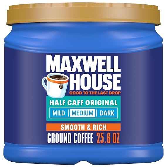 Maxwell House Ground Coffee, Half Caff Original Medium Roast, 25.6 oz | Half Caff Medium Roast Coffee, Smooth & Rich, Full-Bodied Flavor, Rich Aroma, Roasted in the USA Since 1892, Kosher