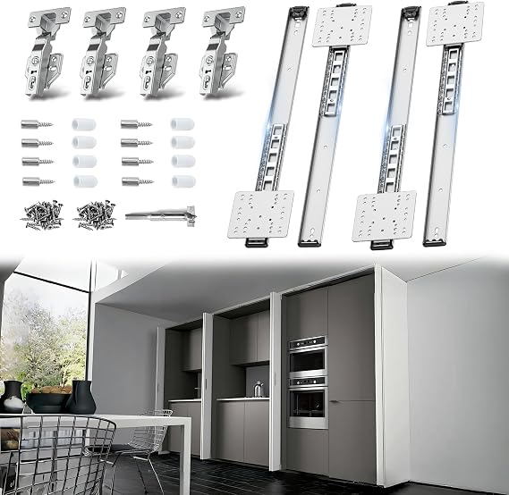 Sliding Hidden Door Track, Pocket Door Hardware, Smooth Gliding Pocket Door Slides with Hinges for Cabinet and Recessed Doors (18IN, Set, 2)