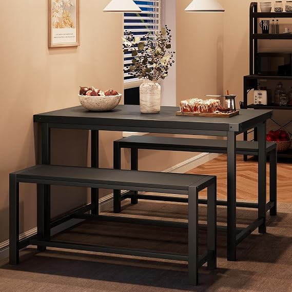CABIHOME Dining Table Set for 4 with 2 Benches, Kitchen Table Set for 4-6 with Corner Protector, Dining Table and 2 Benches with H-Shaped Frame for Small Space, Kitchen, Apartment,Black