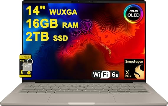ASUS Zenbook A14 Laptop 14" WUXGA OLED (100% DCI-P3, 600nits HDR) Qualcomm 8-core Snapdragon X Plus (Up to 45 Tops) 16GB RAM 2TB SSD for Creator Business Professional Win11 ICP Acc