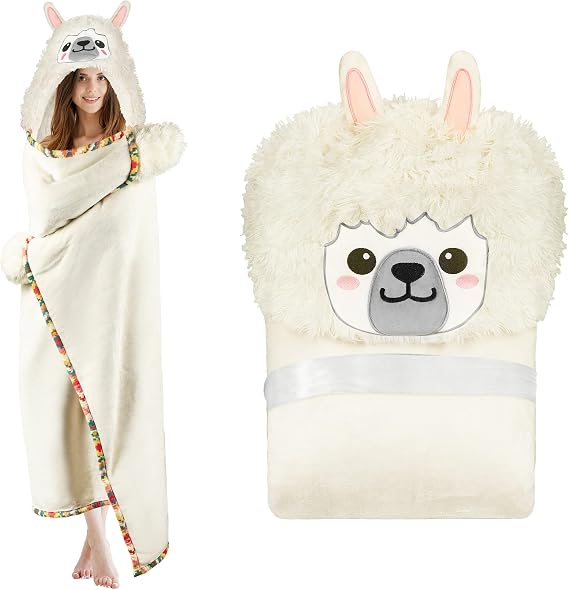 Llama Alpaca Wearable Hooded Blanket for Adults Fuzzy Super Soft Warm Cozy Plush Flannel Fleece & Sherpa Hoodie Throw Cloak Wrap - Llama Gifts for Women Adults Girls and Kids