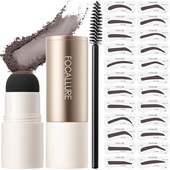 FOCALLURE Eyebrow Stamp and Eyebrow Stencil Kit, 24 Reusable Brow Shape, Sweatproof Eyebrow Powder, Long-Lasting, Easy to Use, Filling and Shaping Perfect Eyebrow Makeup, DARK BROWN