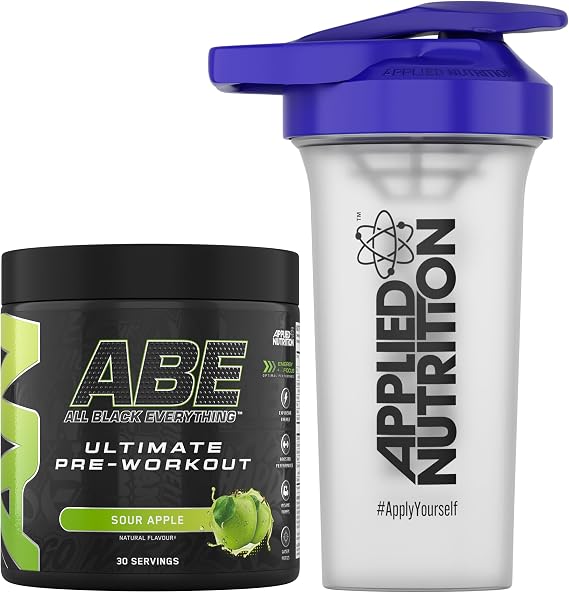 Applied Nutrition Bundle ABE Pre Workout 375g + 700ml Protein Shaker | All Black Everything Pre Workout Powder, Energy & Physical Performance with Creatine, Beta Alanine (Sour Apple)