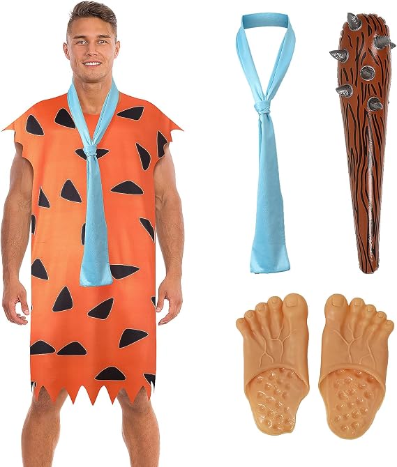 Caveman Costume for Men Halloween Orange Cartoon Prehistoric Stone Age Costume with Toe Slippers Inflatable Stick