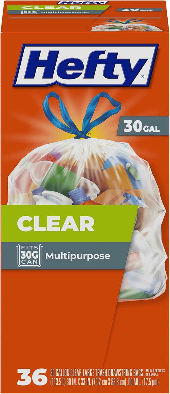 Hefty - Clear Large Trash Bags, Scent Free - 30 Gallon, 36 Count | 30G Clear Garbage Bags, Drawstring Closure, Puncture-Resistant, Use in Garage, Outdoors, or for Storage
