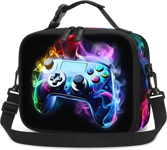 Gamer Boys Lunch Bag - Kids Lunch Box for Boys & Girls,Insulated Video Game Lunchbox with Adjustable Shoulder Strap & Name Tag,Reusable Portable Lunchbox for School Picnic Hiking