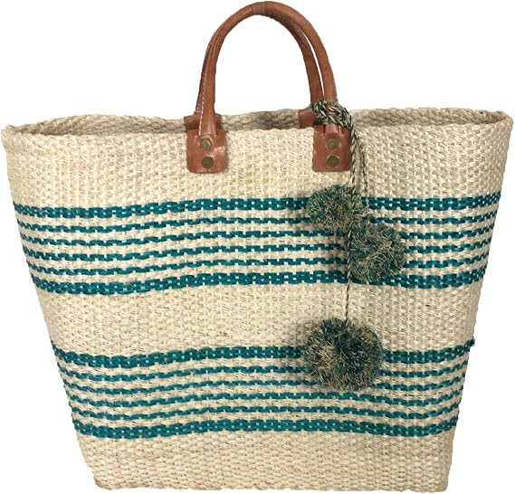 MAR Y SOL Natural Aqua Striped Market Tote Bag, Handwoven Sisal & Seagrass Beach Tote with Pom Poms, Open Top Raffia Bag with Inside Pocket