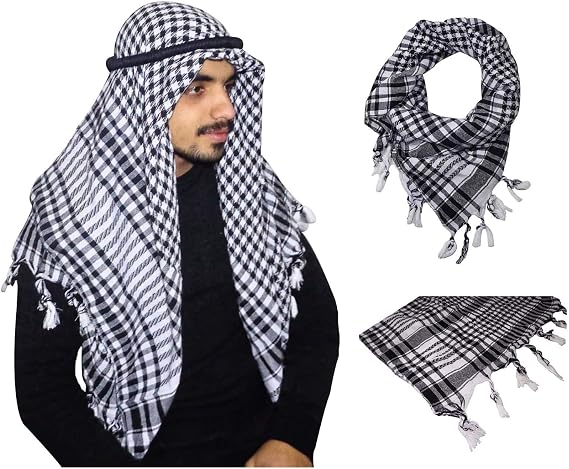 bonballoon Arafat Arabian Arabic Scarf Shawl Keffiyeh Shemagh Desret Palestine + Igal Agal Set Unisex Traditional Middle Eastern Saudi Arabia Costume Palestinian Headscarf Veil Tassel