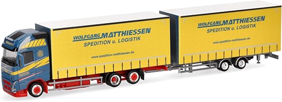 Herpa Truck Model Volvo FH GL XL 2020 Jumbo Curtain Tarpaulin Tandem Hanging Train Wolfgang Matthiessen Miniature in Scale 1:87 Collectable Made in Germany Plastic