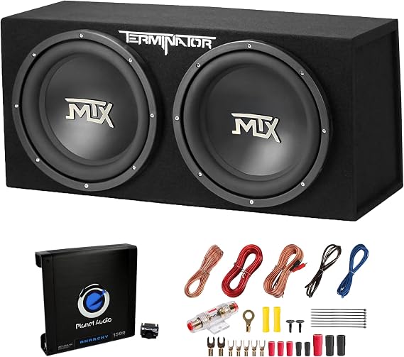 MTX 12" 1200W Dual Loaded Subwoofers w/Enclosure Bundled with Planet Audio Amplifier & Soundstorm Wiring Kit (2 Pack)