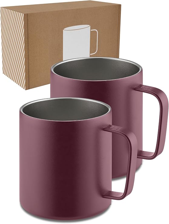 LAMBDA COFFEE Stainless Steel Mug 2 x 360 ml Thermal Mug with Handle I Coffee Cup Double-Walled Insulated I Cup Set for Camping & Outdoor I Thermal Coffee Mug (Red)