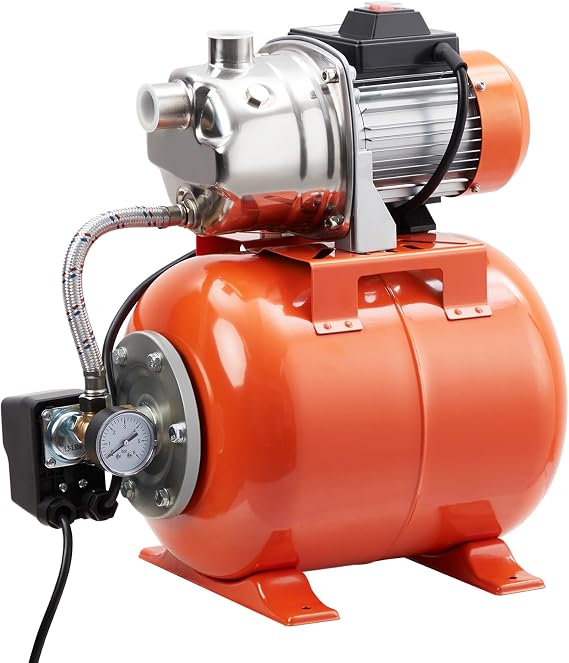 1HP Shallow Well Pump With Pressure Tank, Stainless Steel Sprinkler Pump, Automatic Water Booster Jet Pump For Home Garden Lawn Irrigation