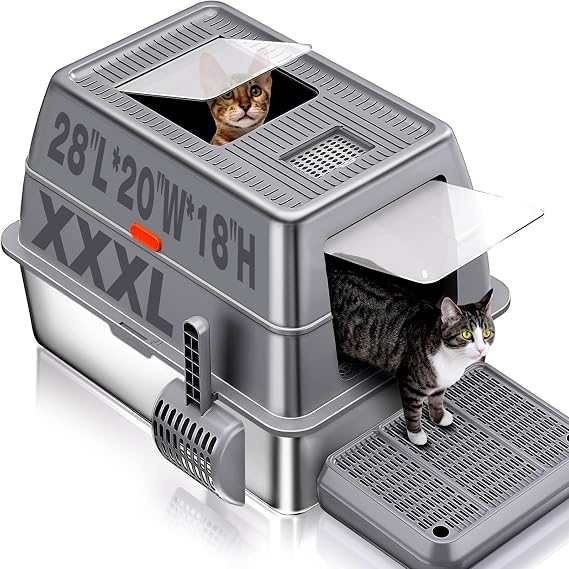 L Stainless Steel Litter Box with Lid,Extra Large 28"L*20"W*18.1"H Metal Cat Litter Boxs,Jumbo Enclosed Removable Litter Box High Sides For Big Cats,with Cat Litter Scoop, Leak-Proof, Easy to Clean