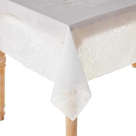 Violet Linen Vinyl Lace Battenberg Embossed Floral Pattern, Vinyl, White, 54 Inch by 72 Inch, Seats 4 to 6 People, Rectangle Tablecloths