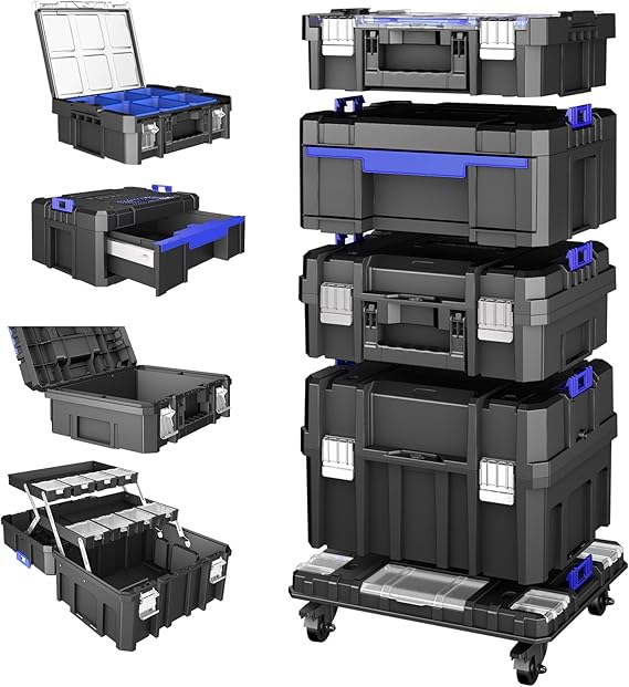 AIRAJ 4 Tier Rolling Tool Box with Wheels, 18 Stackable Tool Box Organizer