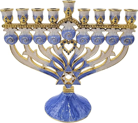The Dreidel Company Hanukkah Menorah Enamel Magen David & Heart Design, Hand-Painted Enameled Metal