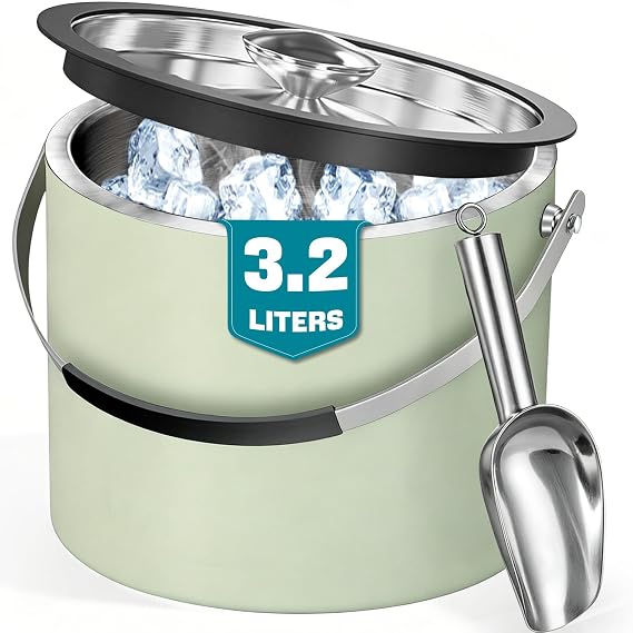 3.2 L Ice Cube Tray with Lid and Scoop Stainless Steel Ice Bucket Mint