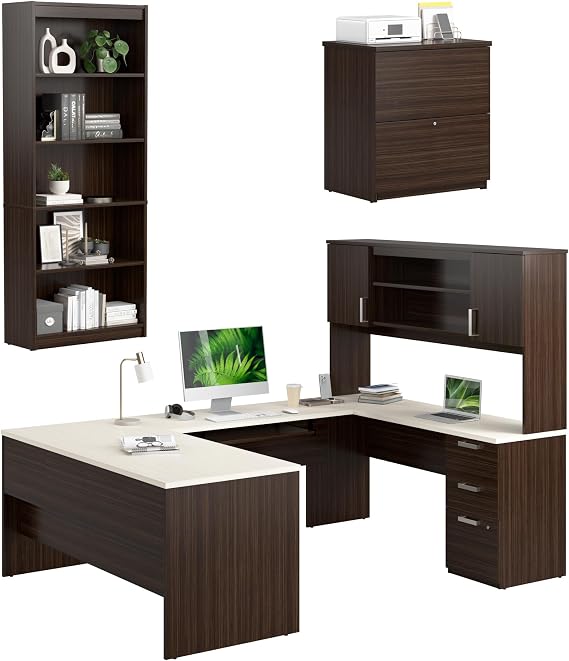 Bestar, Ridgeley Collection, 3-Piece Set Including a U-Shaped Desk with Hutch, a Lateral File Cabinet, and a Bookcase