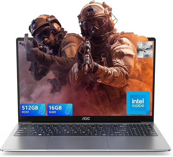 AOC Laptop Computer 15.6" Full HD IPS Display Laptop with N97 Processor(Up to 3.6GHz) Work Laptops 16GB RAM 512GB SSD 11 Laptop Business Computer Light&Thin, Metal Shell, Webcam, Type-C, USB3.2