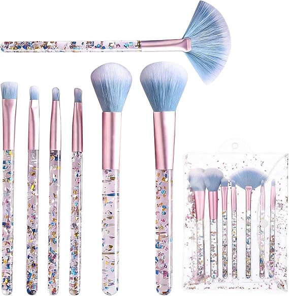 7 PCS Makeup Brushes Set,Crystal Sparkles Make Up Brush Professional Blending Brush with Sequins Handle Cute Blush Foundation Highlight Concealers Eyebrow Eye Shadow Lip Fan Beauty Brush Kit for Girls