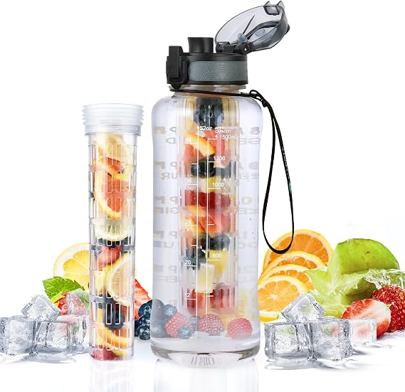UTEBIT Fruit Infuser Water Bottle, 1.5L Leakproof Sports Water Bottles with Time Markings, 52oz Tritan BPA Free Motivational Drinks Bottle for Fitness Gym Cycling Camping Office Outdoor