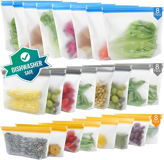 24 Pack Dishwasher Safe Reusable Freezer Bags, Stand Up Reusable Sandwich Bags, BPA Free Leakproof Reusable Ziplock Bags, Silicone Reusable Food Bags for Candy, fruits, Cereal, Home Organization