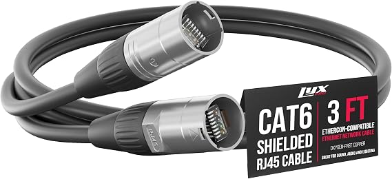 LyxPro 3 ft Shielded Cat6 Ethercon RJ45 Cable, Male to Male, Black