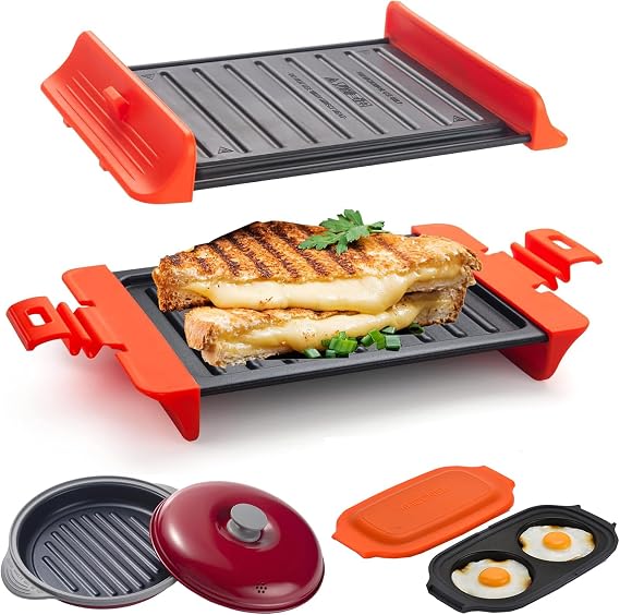 MACONEE 3-in-1 Microwave Cooking Set: Grill Pan, Egg Cooker, Sandwich Maker - Fast Cooking, Dishwasher Safe, and BPA-free for Versatile Meal Prep