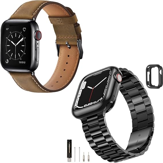 SUNFWR Compatible with Apple Watch Band 45mm 44mm 42mm for Men Women, Stainless Steel Metal iWatch Band with Case + Top Grain Genuine Leather Band for Apple Watch Series 9/8/7/6/5/4/3/2/1/SE/SE2