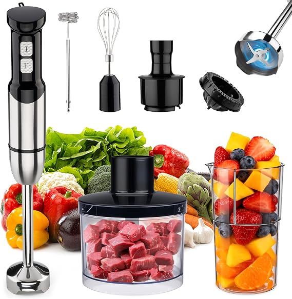 Immersion Blender Handheld 6 in 1 Hand Held Blenders Mixer Stainless Steel Electric Sitck Beaker Chopper Milk Frother Grinder