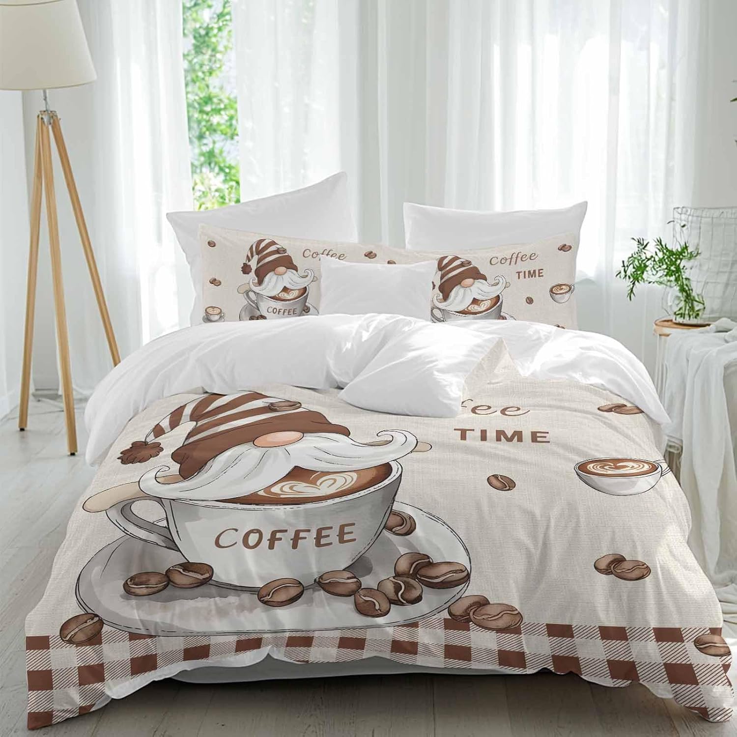Coffee Gnomes Duvet Cover Cal King Size, 3-Piece Bedding QuiltComforter Covers Set, Brown Buffalo Plaid Check Farmhouse Reversible Bed Pillowcases Bedroom Decor with Hidden Zipper & Corner Ties