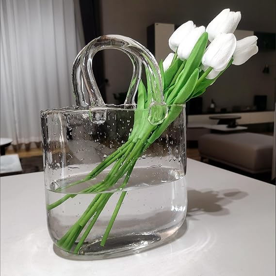 Glass Purse Vase, Handbag-Shaped Flower Vase with Handle, Clear Glass Vases for Home Decor, Weddings, Events, Office, or Table Centerpieces