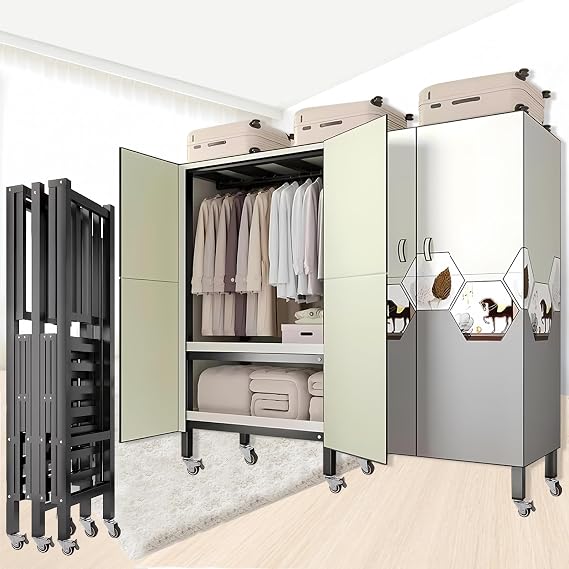 Heavy Duty Rolling Covered Metal Garment Rack with Lockable Wheels and Door, Load 2000lbs, Portable Closets for Hanging Clothes, Large Capacity 360Enclosed Clothing Racks (C, 49.2in/125cm)