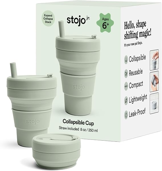 Stojo Collapsible Pocket Size Travel Cup - Portable - For Hot/Cold Drinks - With Lid - 8oz / 237ml - Sage Green